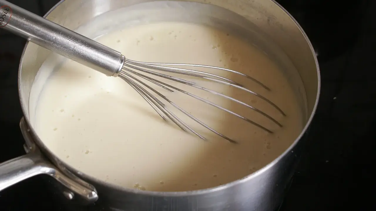 Une béchamel onctueuse se prépare dans une casserole avec un fouet. 1 litre de lait mijote doucement.