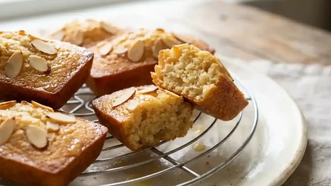 Délicieux financier aux noisettes, dorés et parsemés d'amandes effilées, sur une grille. L'un est coupé, révélant sa mie moelleuse.