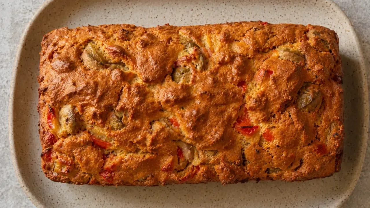 Un cake salé aux olives et poivrons rouges, une recette savoureuse qui rappelle un cake chèvre miel par sa texture dorée et ses saveurs.