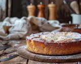 Un délicieux gâteau sablé breton, saupoudré de sucre glace, repose sur une planche en bois. Des couverts anciens et des moulins à poivre sont disposés autour.