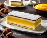 Un délicieux biscuit joconde pistache, aux couches crémeuses et fruitées, saupoudré de sucre glace.