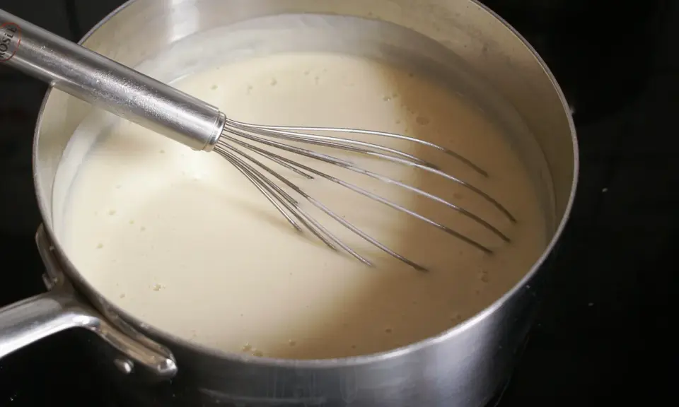 Une béchamel onctueuse se prépare dans une casserole avec un fouet. 1 litre de lait mijote doucement.
