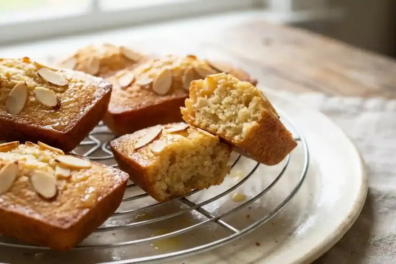 Délicieux financier aux noisettes, dorés et parsemés d'amandes effilées, sur une grille. L'un est coupé, révélant sa mie moelleuse.