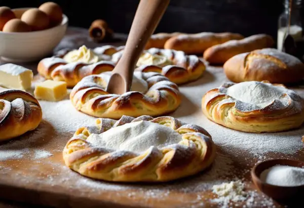 Pâte à croissant dorée, saupoudrée de sucre glace, prête à être garnie. Des ingrédients frais sur la table.
