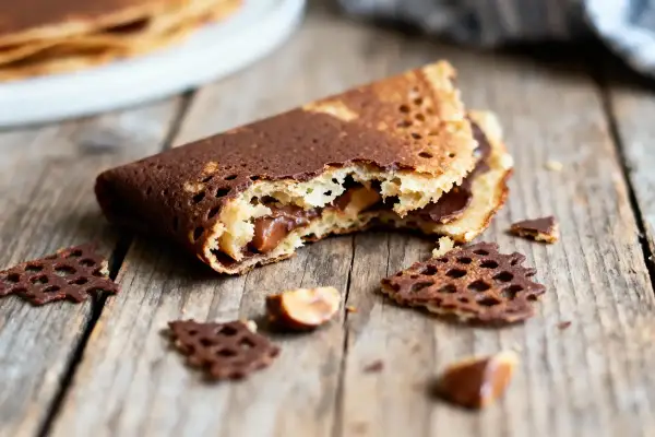 Crêpe dentelle au croustillant praliné, garnie de chocolat et noisettes, sur fond de bois.
