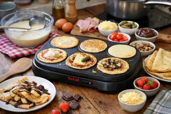 Préparation d'une recette pâte à crêpe party Tefal : crêpes salées et sucrées garnies, avec fraises et chocolat.