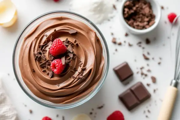 Mousse au chocolat sans jaune, onctueuse et aérienne, garnie de framboises fraîches et de copeaux de chocolat. Un délice léger et gourmand.