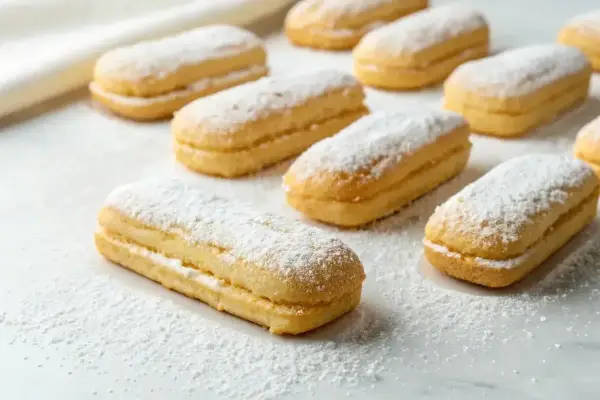 Une rangée de biscuits cuillère saupoudrés de sucre glace, prêts à être dégustés.