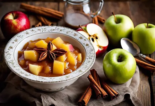 Délicieuse compote pommes mirabelles, garnie d'une étoile de badiane, entourée de pommes fraîches et de bâtons de cannelle sur fond de bois.