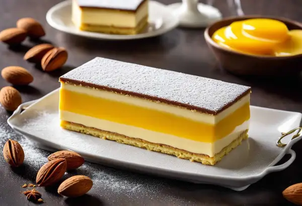 Un délicieux biscuit joconde pistache, aux couches crémeuses et fruitées, saupoudré de sucre glace.