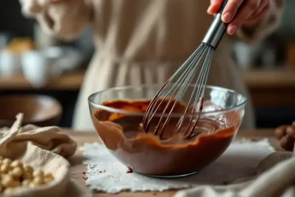 Une main utilise un fouet pour travailler le chocolat fondu dans un bol en verre. Des noisettes sont visibles sur le côté.