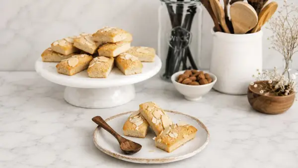 Financiers dorés, parfaits après une cuisson au four à chaleur tournante. Amandes effilées sur le dessus.