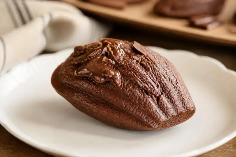 Un biscuit madeleine au chocolat, nappé de glaçage et parsemé de copeaux de chocolat, sur une assiette blanche.
