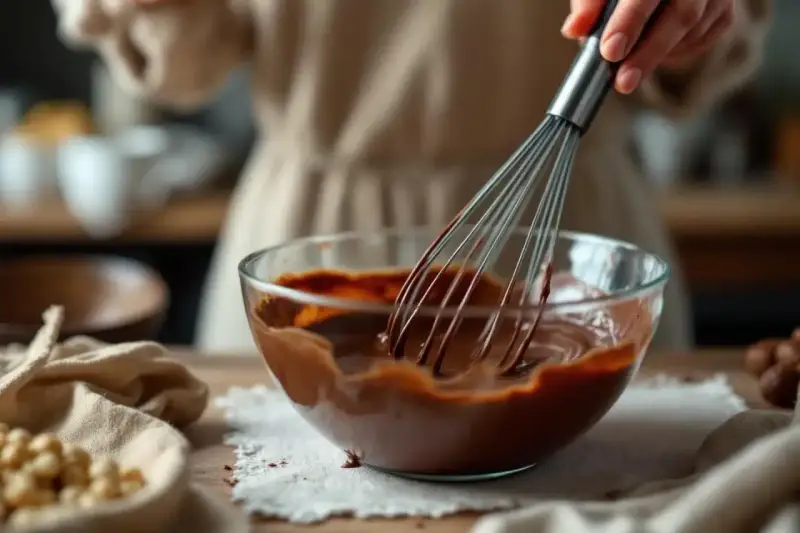 Une main utilise un fouet pour travailler le chocolat fondu dans un bol en verre. Des noisettes sont visibles sur le côté.